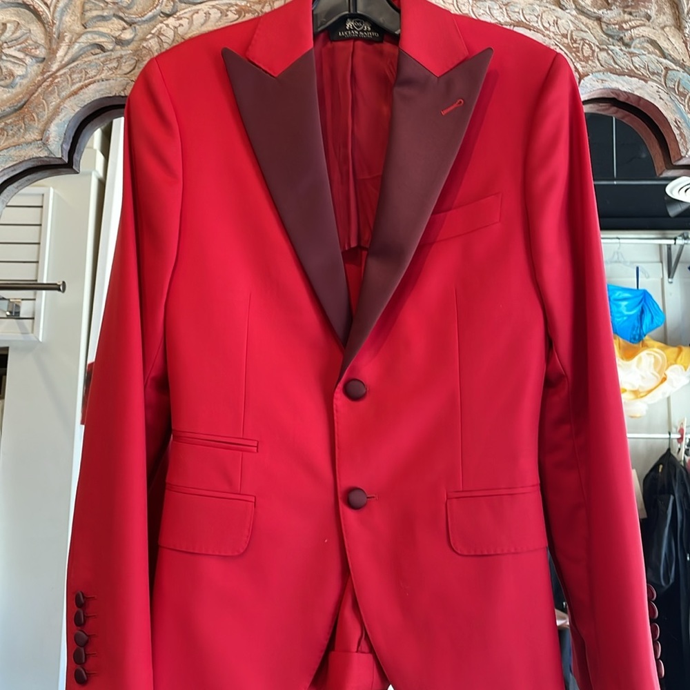 Red tuxedo jacket blazer burgundy satin lapels and buttons